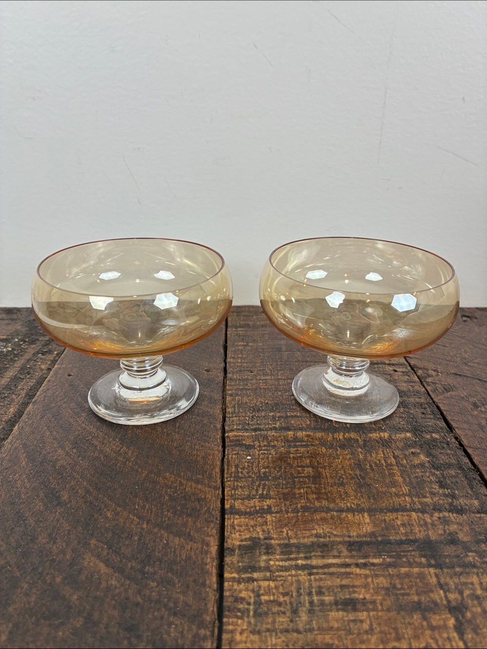 Amber Iridescent Glass Dessert Coupe Set of 2 Footed Bowl Vintage